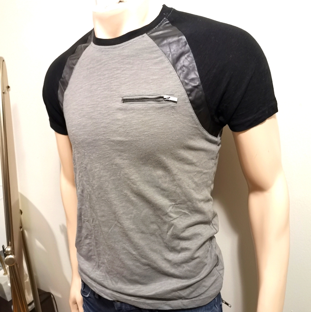 Guess Jeans Men's Pieced Zipper Tee Moto XS Black & Grey